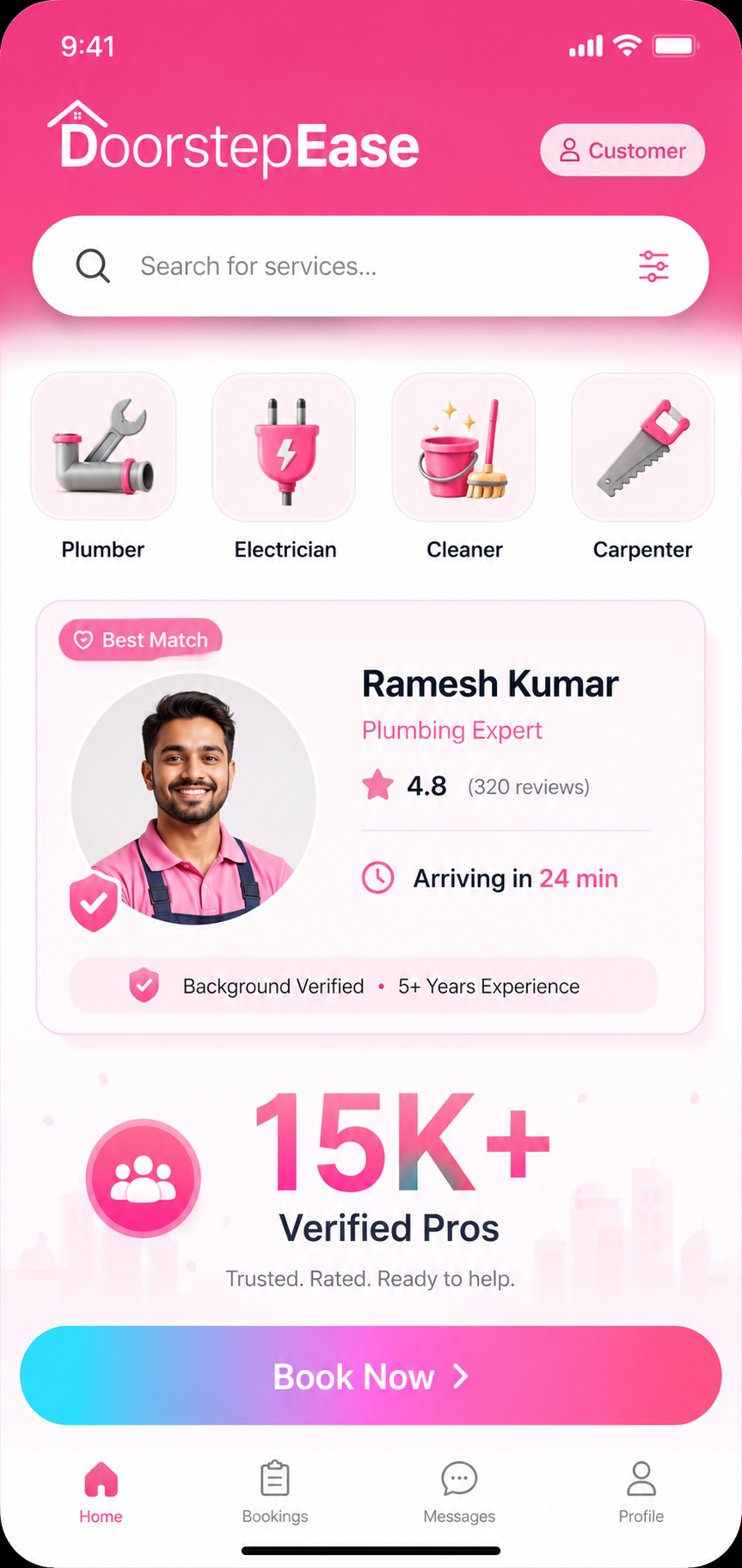 DoorstepEase Consumer app — search and book a verified pro