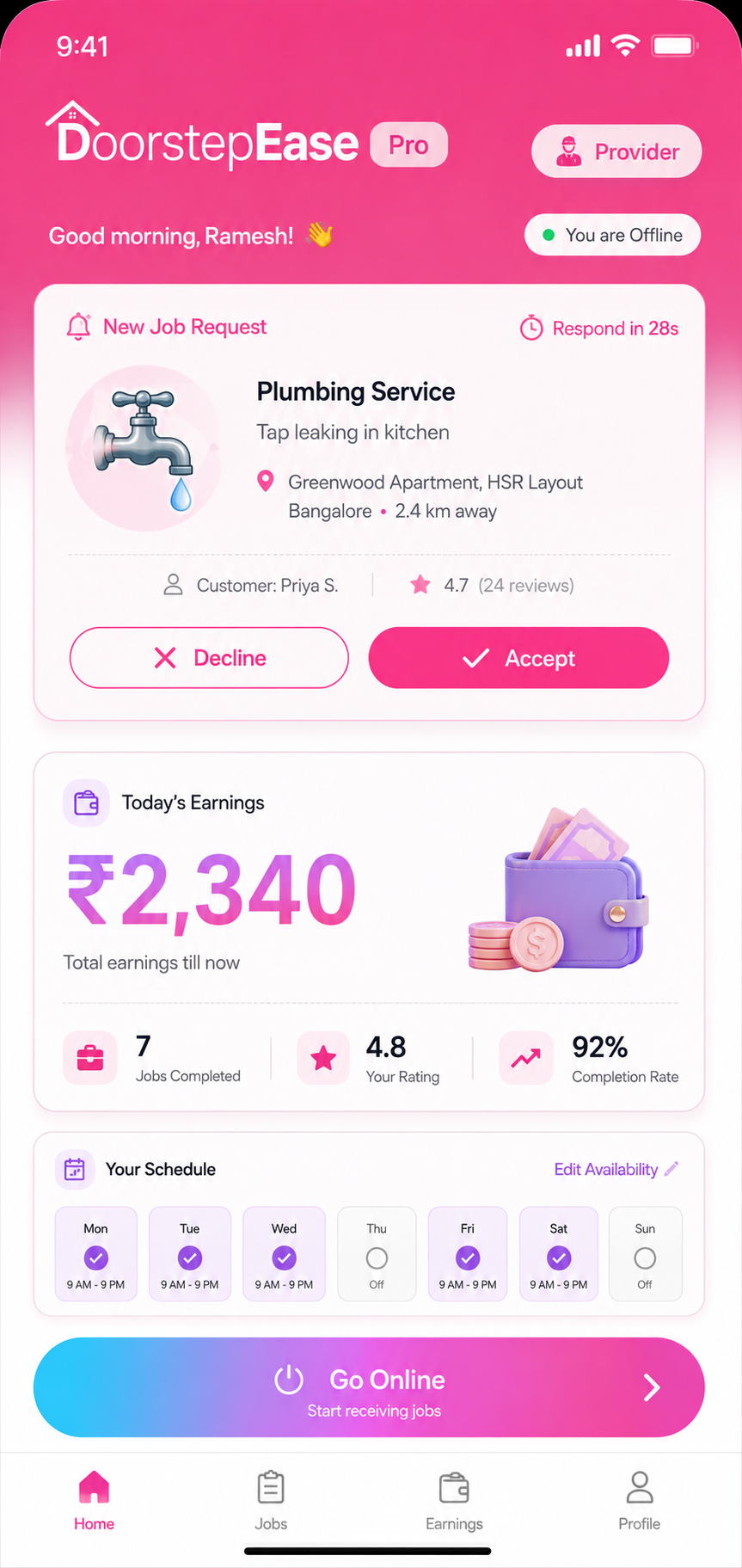 DoorstepEase Provider app — job requests, earnings and schedule